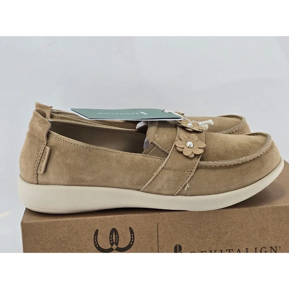 Revitalign Siesta Flower Slip-On Women 8.5D Tan Suede Loafers -New